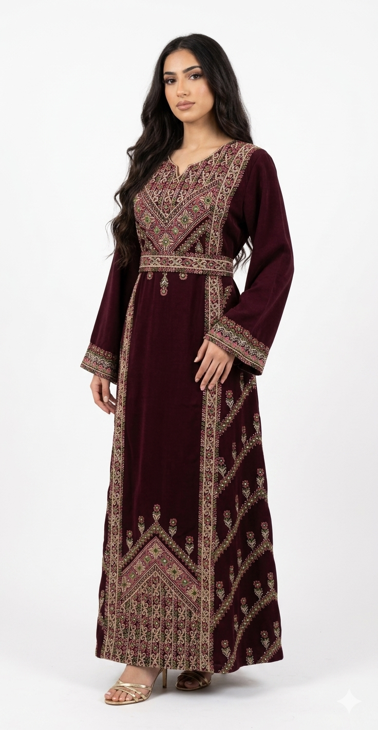 Maroon Embroidered Thobe Dress – Elegant Front & Back Detail with Sleeve Accents