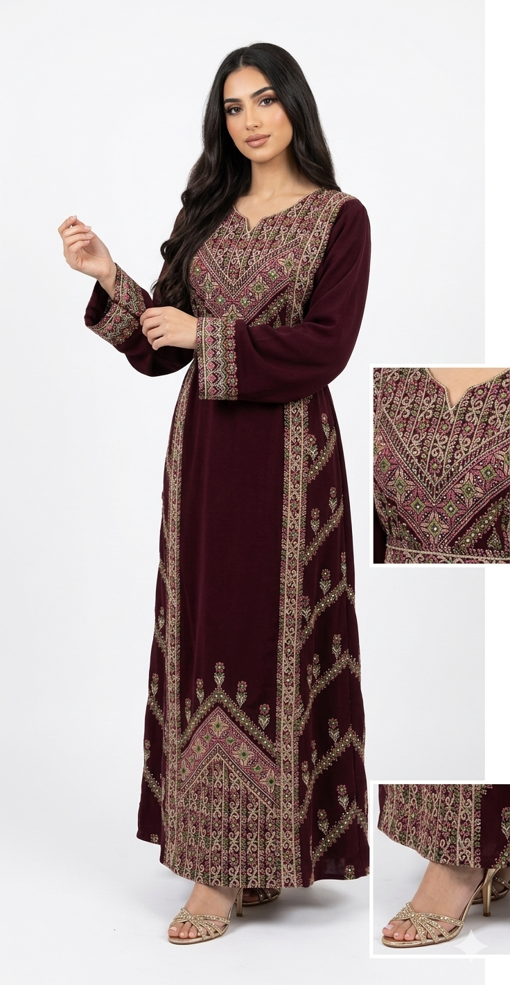 Maroon Embroidered Thobe Dress – Elegant Front & Back Detail with Sleeve Accents