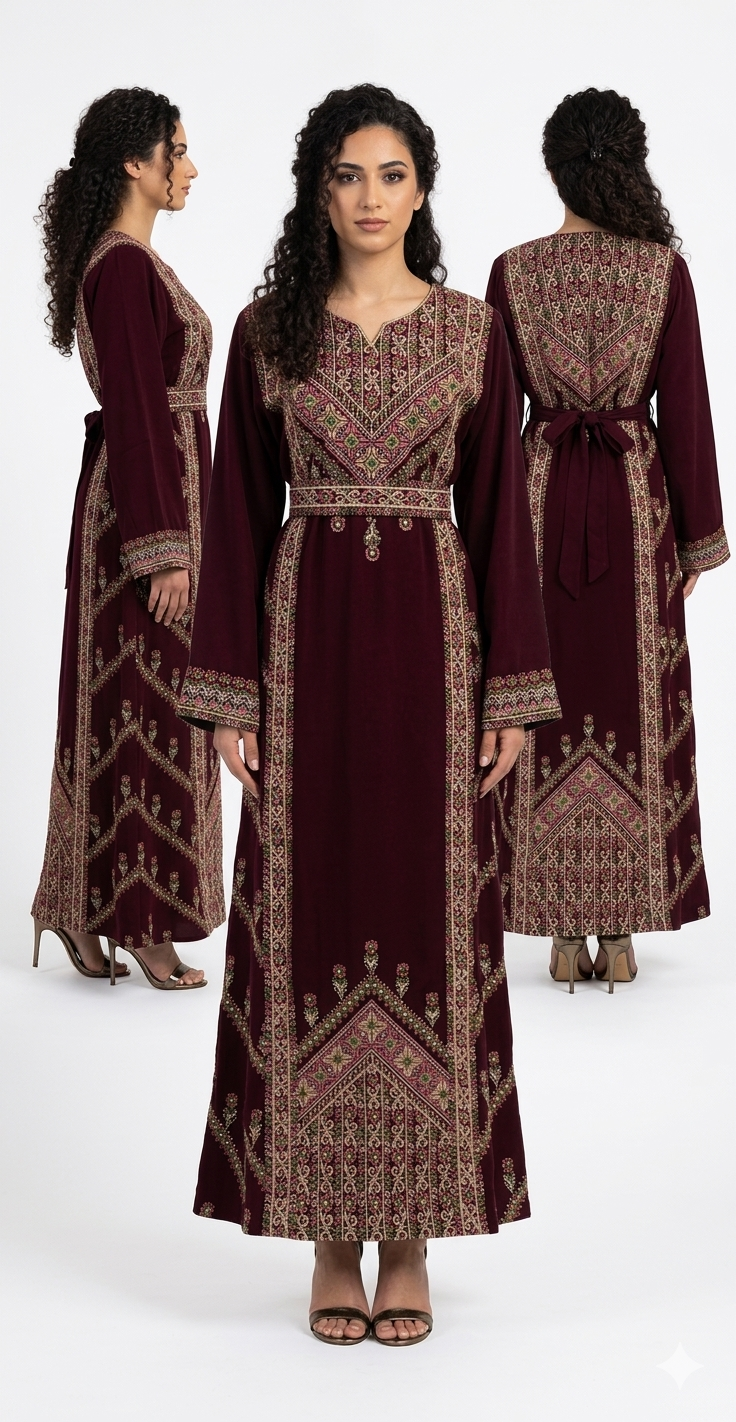 Maroon Embroidered Thobe Dress – Elegant Front & Back Detail with Sleeve Accents