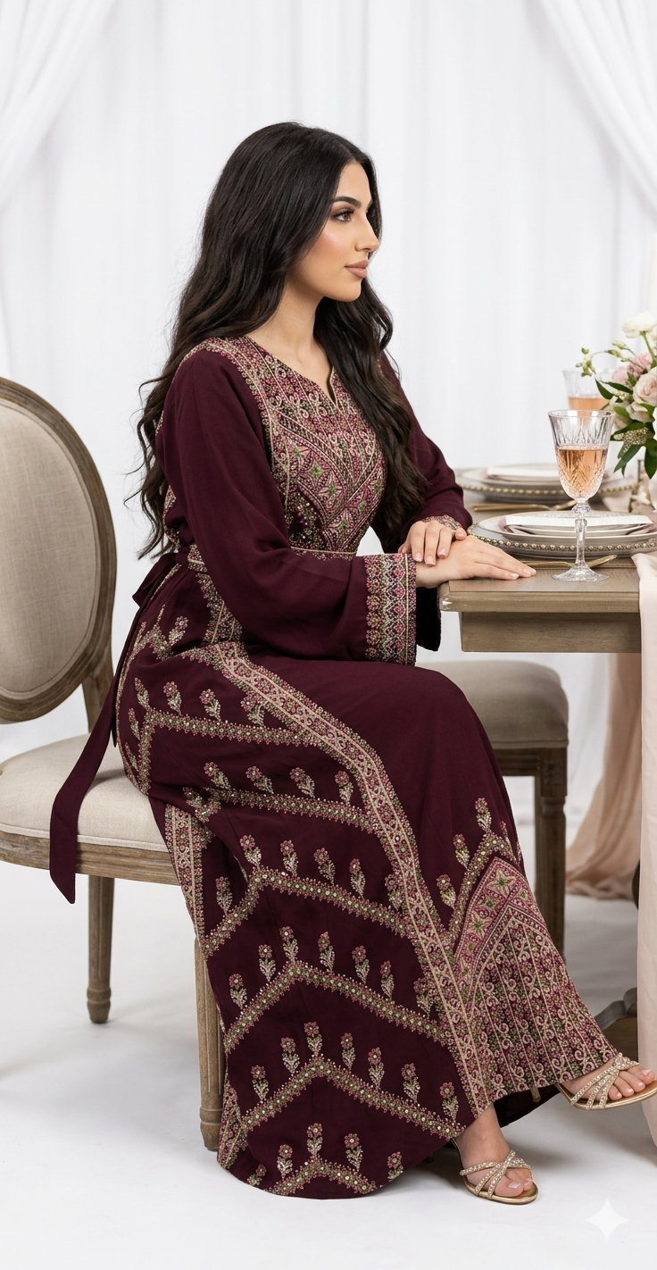 Maroon Embroidered Thobe Dress – Elegant Front & Back Detail with Sleeve Accents