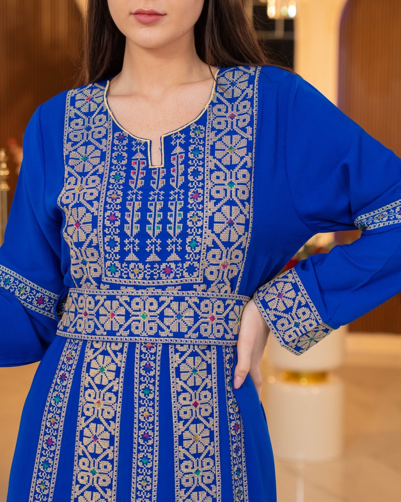 embroidered palestinian thobe tatreez simple blue tan