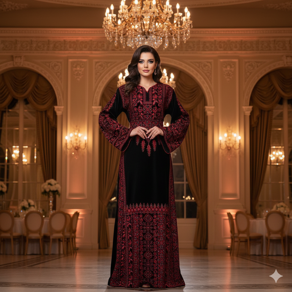 Embroidered Palestinian Dress – Classic Black & Red Tatreez with Sleeve and Back Detail