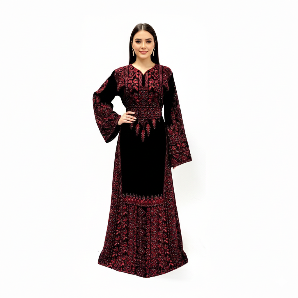 Embroidered Palestinian Dress – Classic Black & Red Tatreez with Sleeve and Back Detail