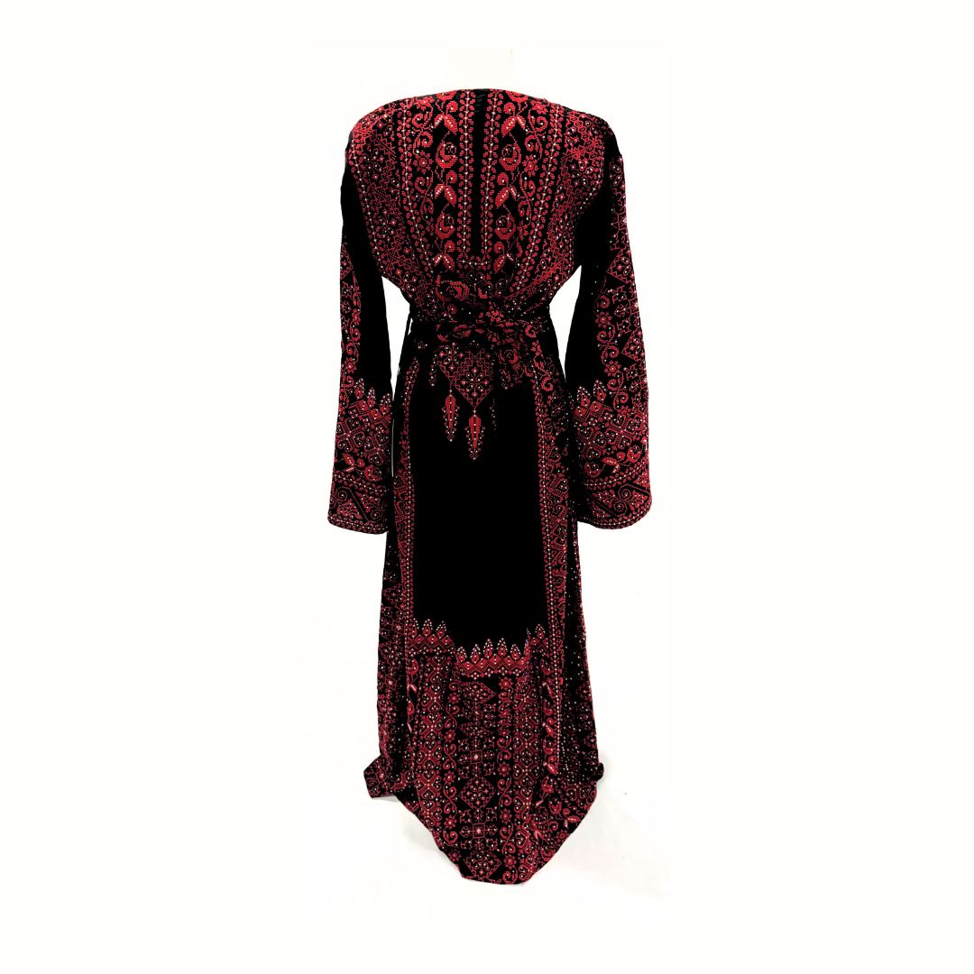 Embroidered Palestinian Dress – Classic Black & Red Tatreez with Sleeve and Back Detail