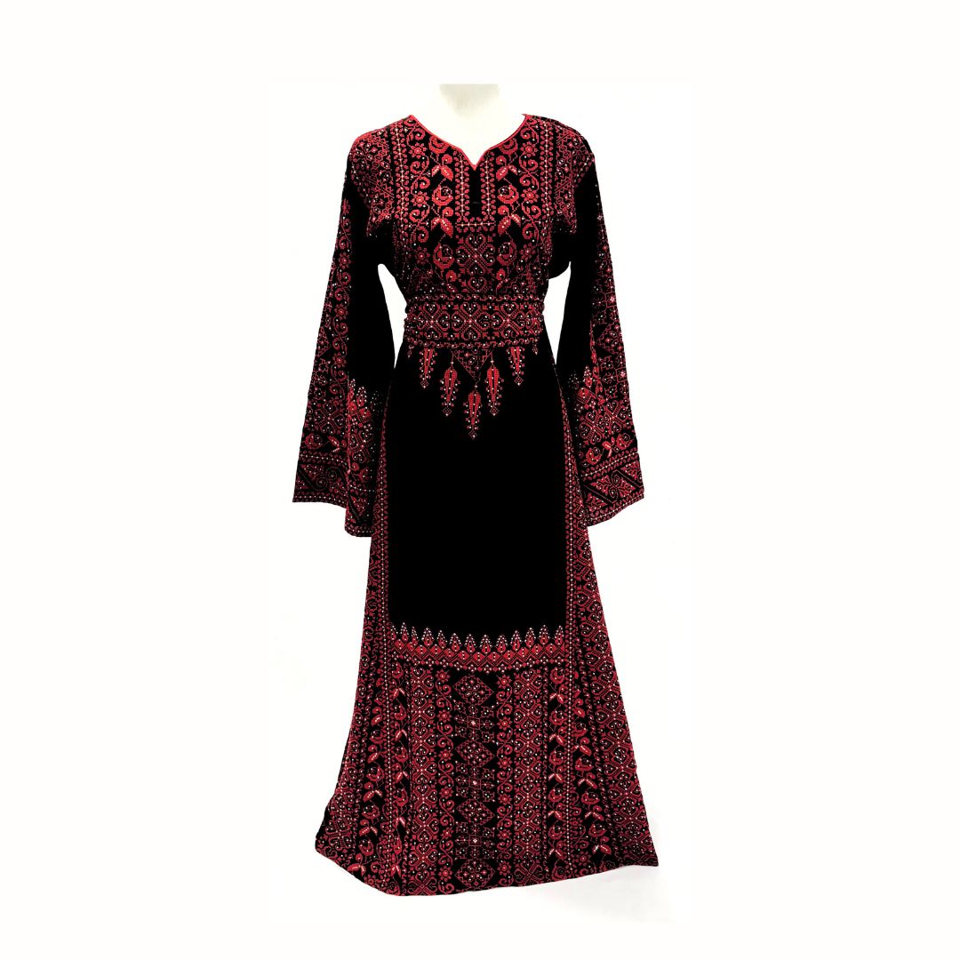 Embroidered Palestinian Dress – Classic Black & Red Tatreez with Sleeve and Back Detail