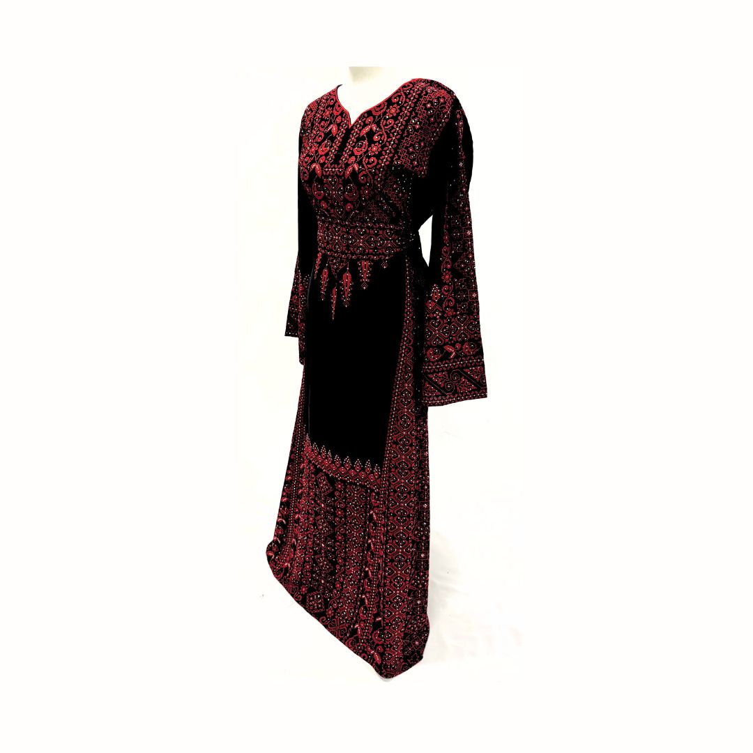 Embroidered Palestinian Dress – Classic Black & Red Tatreez with Sleeve and Back Detail
