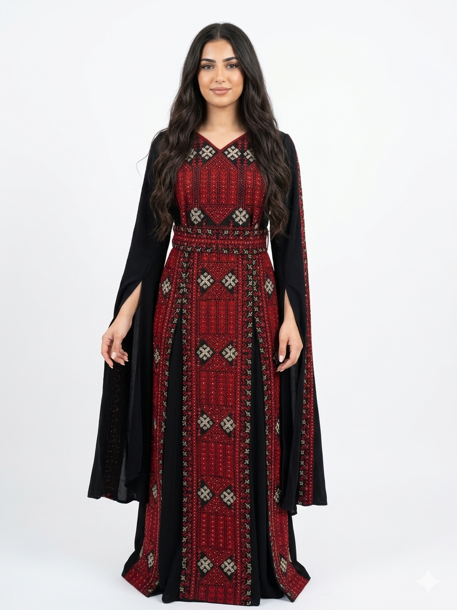 Elegant Black Maxi Dress with Red Embroidery – Batwing Sleeve Dress