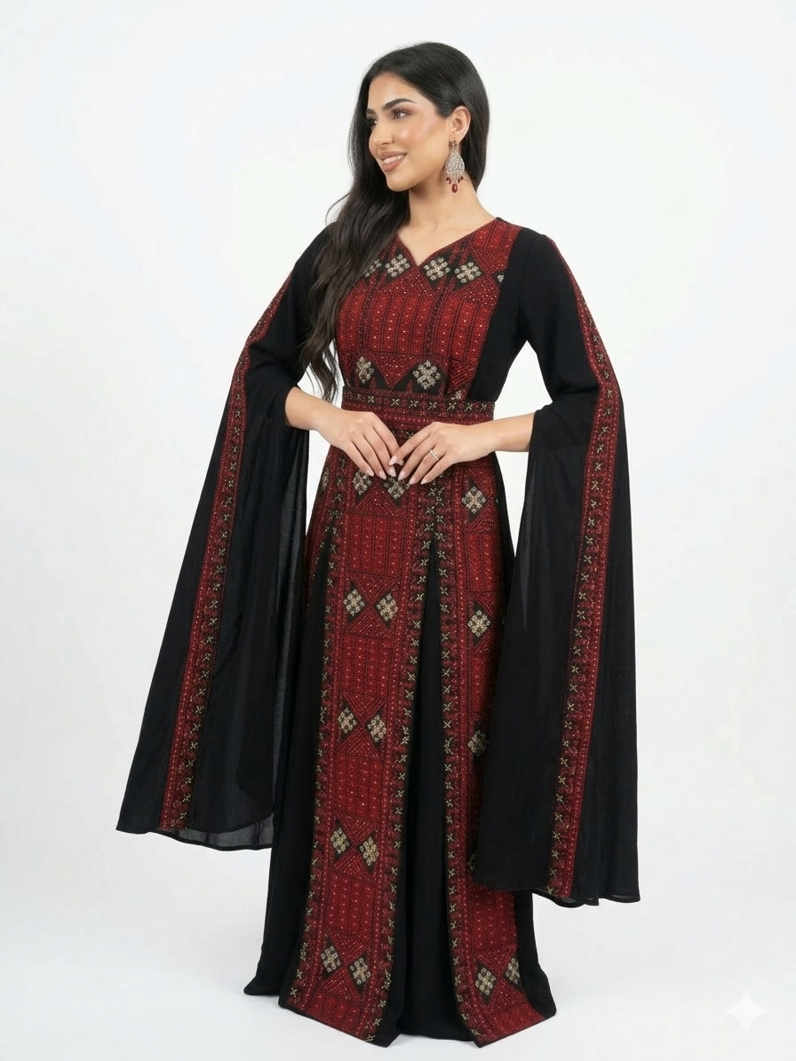 Elegant Black Maxi Dress with Red Embroidery – Batwing Sleeve Dress