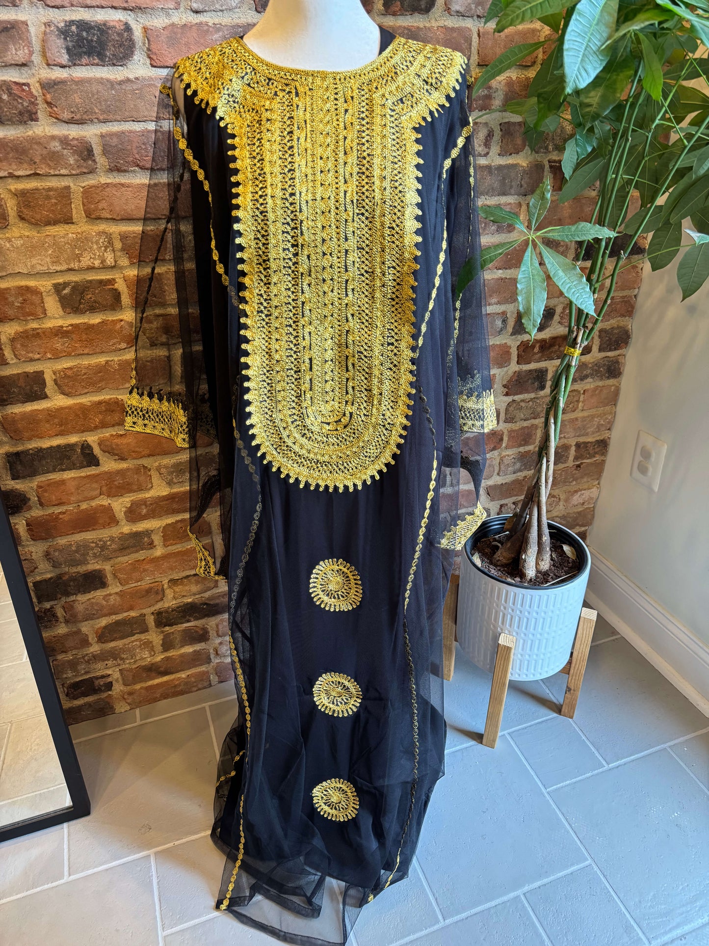 Iraqi Hashimi Thobe Dress Black & Gold Embroidery | Alaseela AlASEELA Iraqi Hashimi Thobe Dress Black & Gold Embroidery | Alaseela AlASEELA