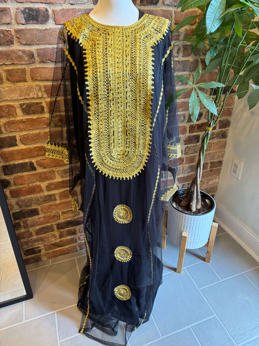 Front view of Iraqi Hashimi Thobe Dress in black tulle with gold embroidery