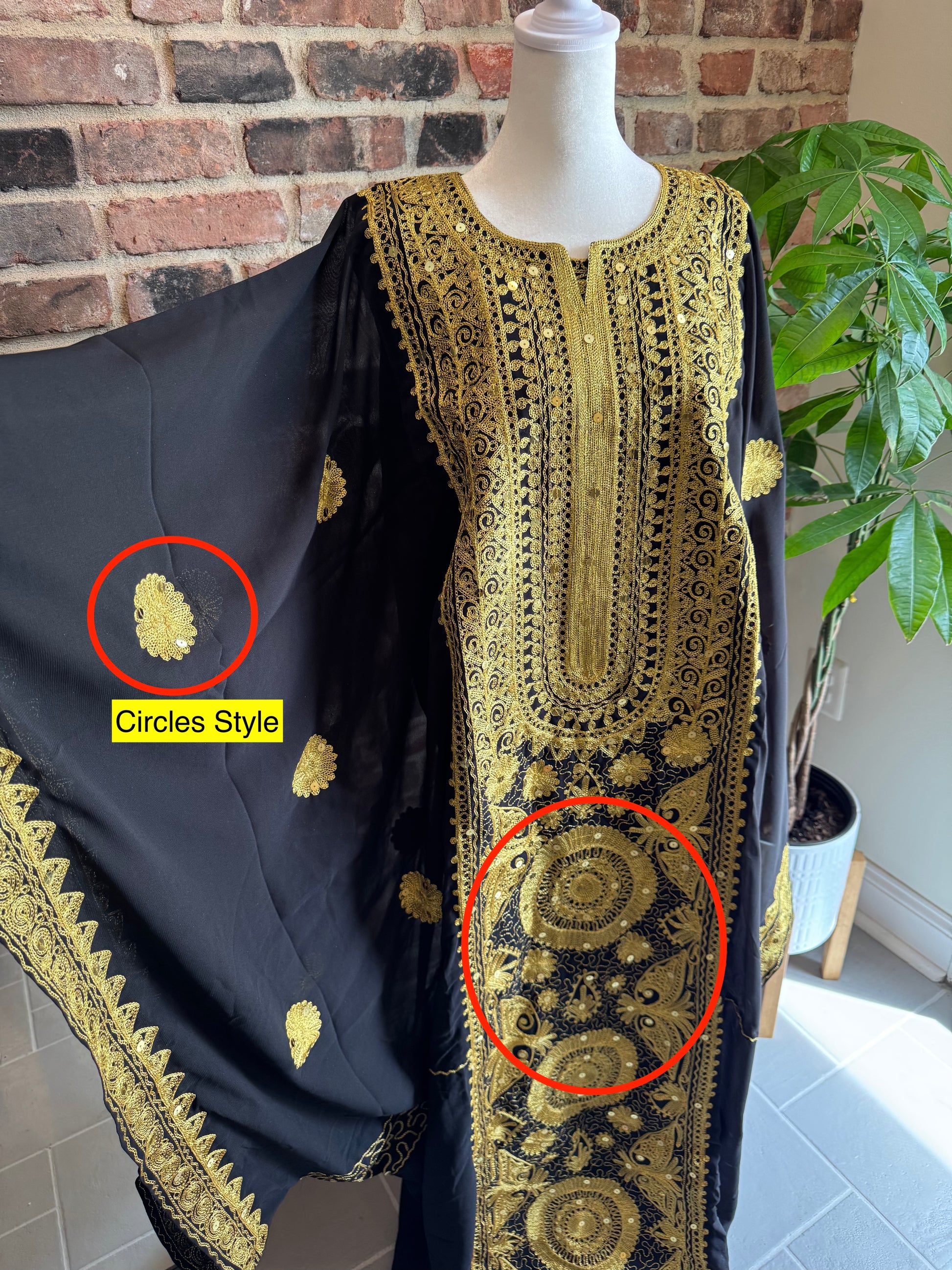 gold embriodery on iraqi hashmi dress circles design available in the USA