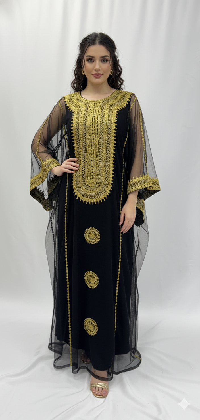 Iraqi Hashimi Thobe Dress – Black with Gold Embroidery | Includes Inner Dress | Traditional Iraqi Women’s Outfit