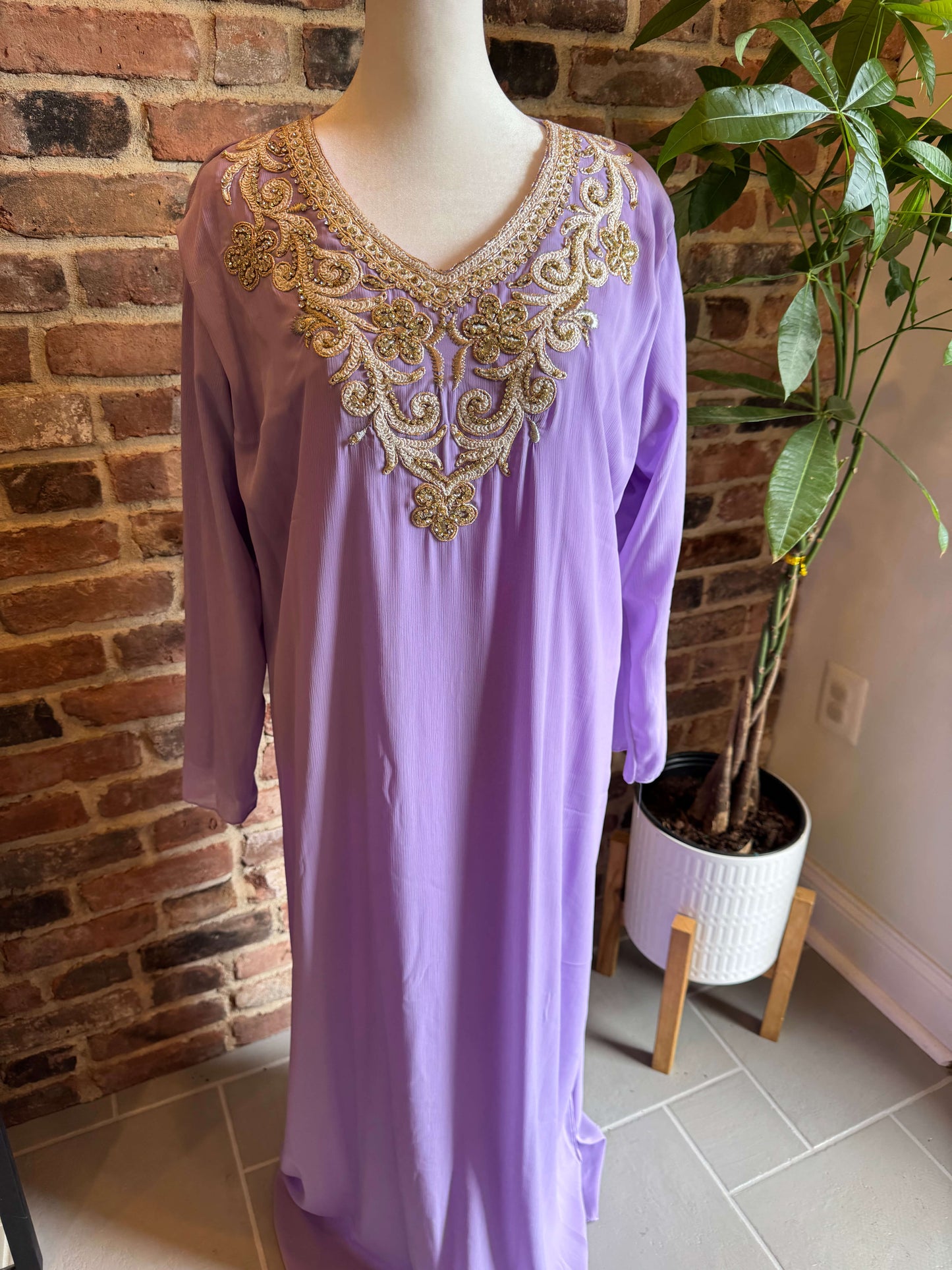 Matching lavender inner slip dress from the two-piece luxury kaftan ensemble