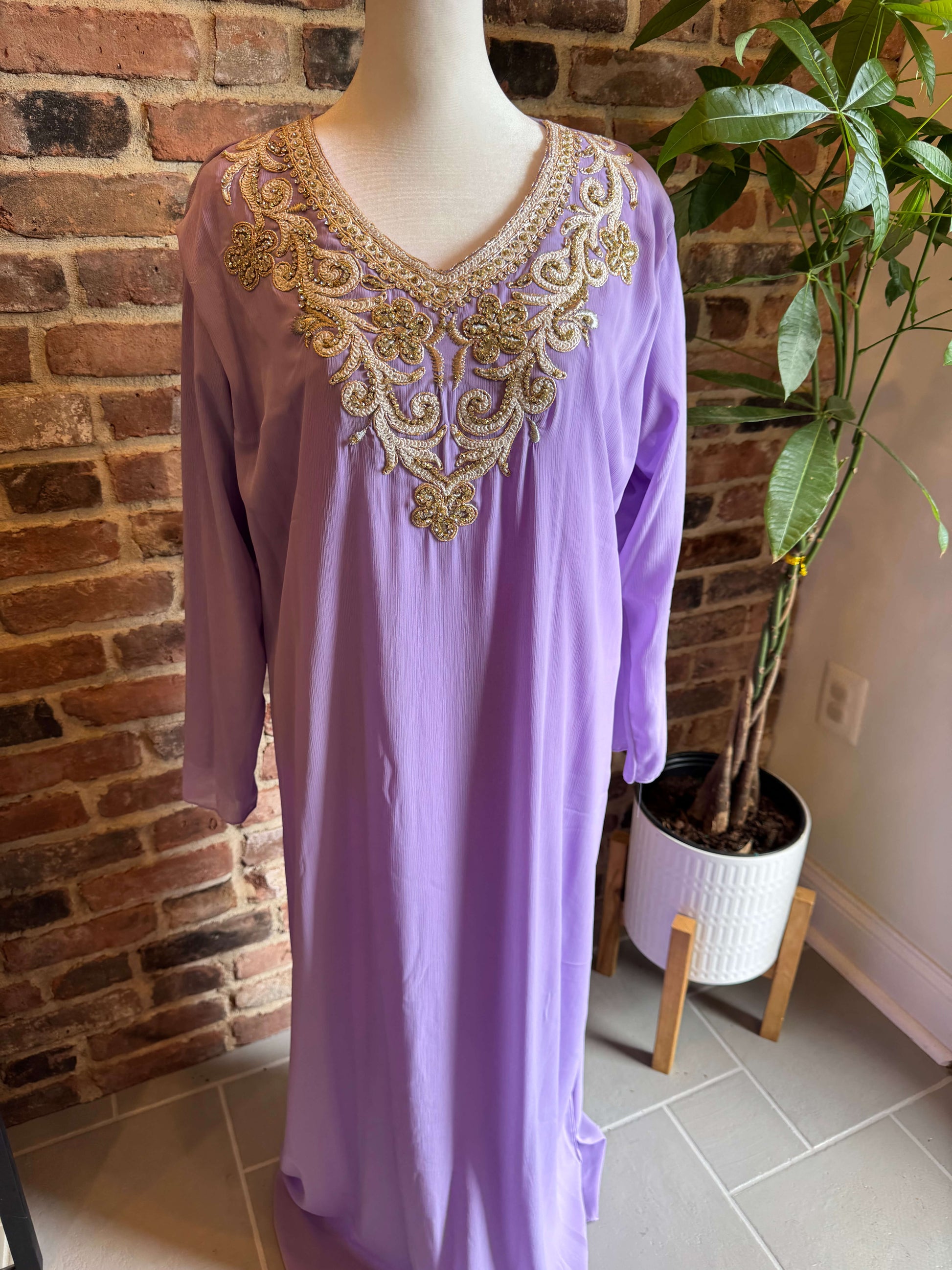 Matching lavender inner slip dress from the two-piece luxury kaftan ensemble