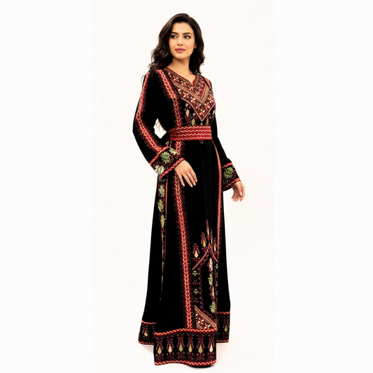 Embroidered Thobe Tatreez with Belt – Black with Red or Blue Embroidery