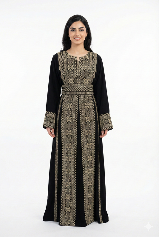 Traditional Palestinian Embroidered Thobe - Black with Red or Beige Detail