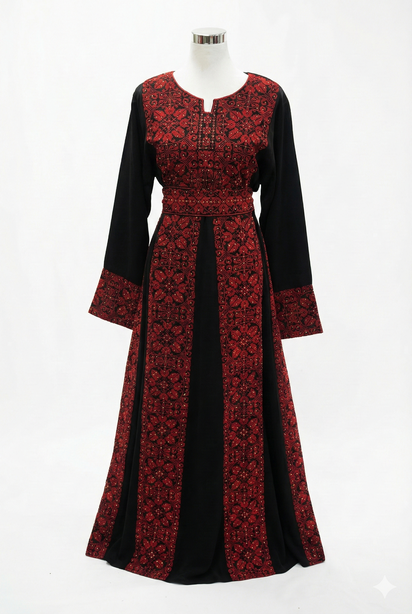 Palestinian Embroidered Thobe Maxi Dress | Black & Red Tatreez | Floral Motif