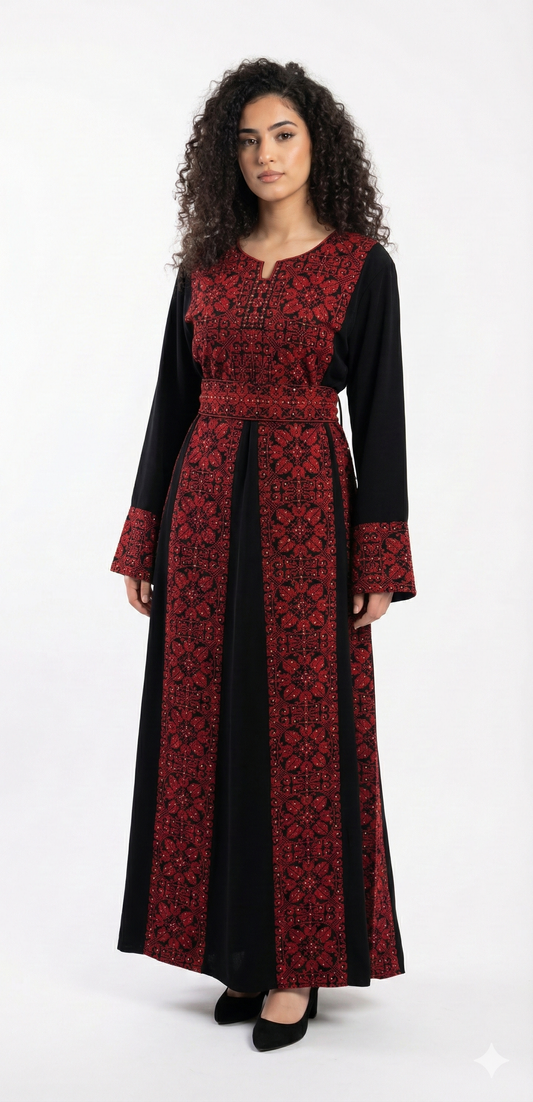 Palestinian Embroidered Thobe Maxi Dress | Black & Red Tatreez | Floral Motif
