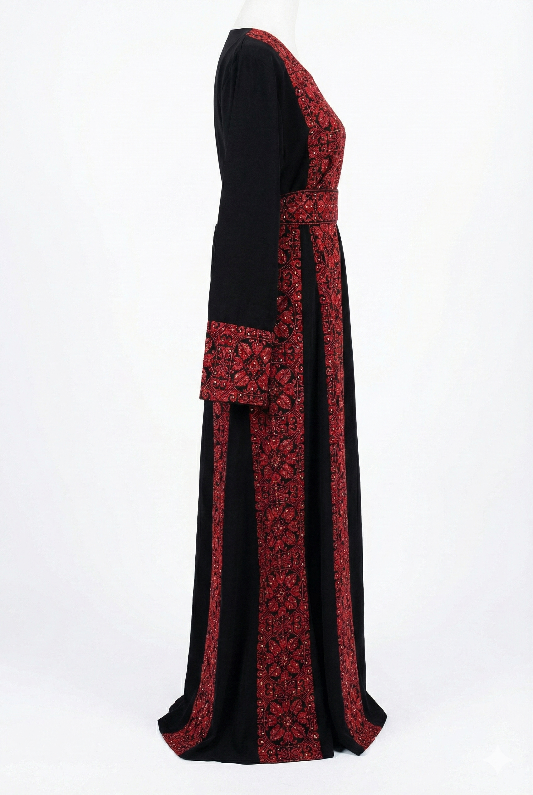 Palestinian Embroidered Thobe Maxi Dress | Black & Red Tatreez | Flora AlASEELA Palestinian Embroidered Thobe Maxi Dress | Black & Red Tatreez | Flora AlASEELA