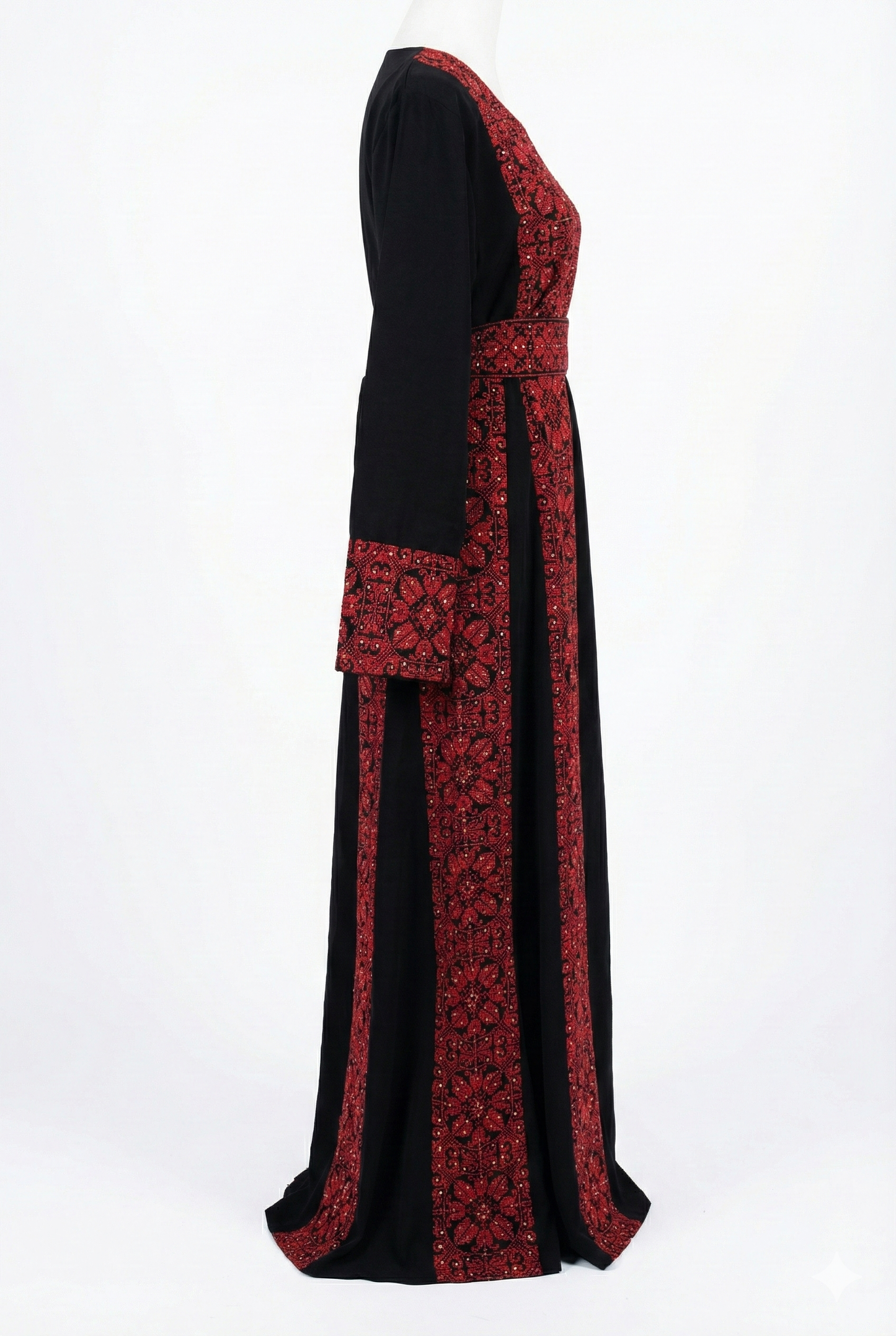 Palestinian Embroidered Thobe Maxi Dress | Black & Red Tatreez | Floral Motif