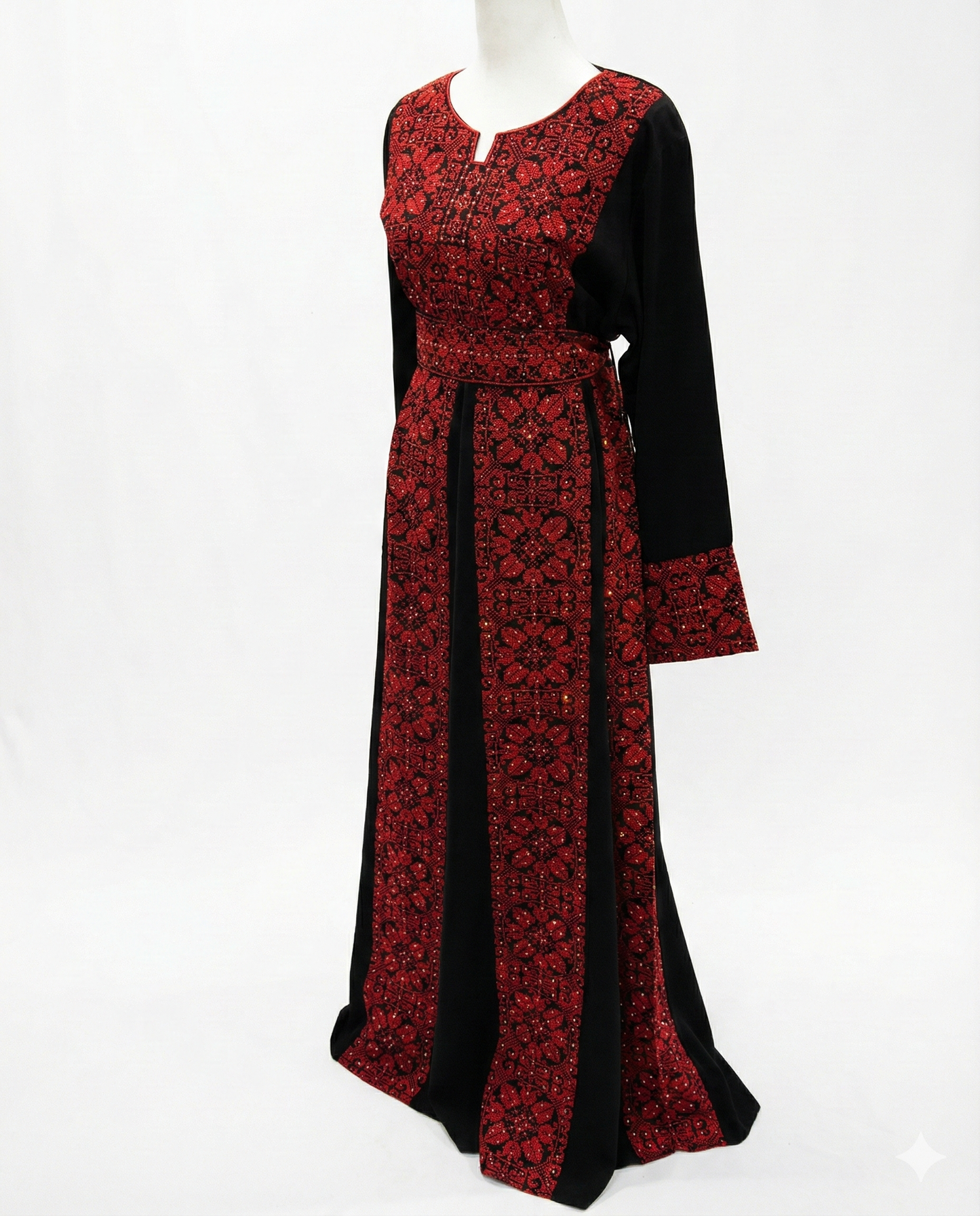 Palestinian Embroidered Thobe Maxi Dress | Black & Red Tatreez | Floral Motif
