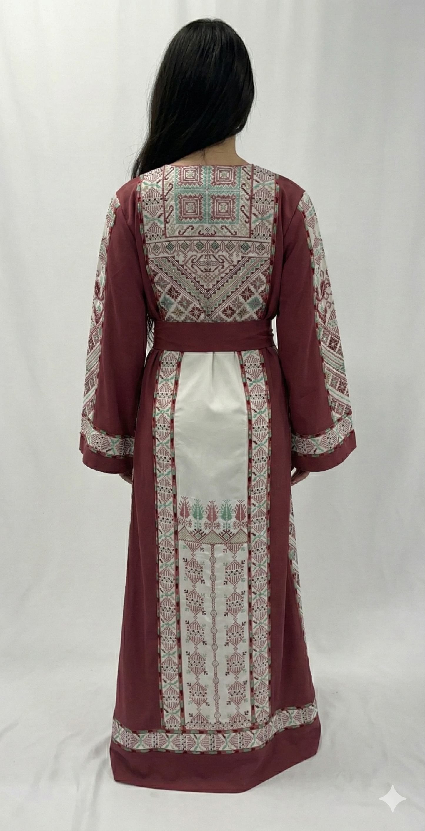 Luxury Pink & White Palestinian Thobe Set with Embroidered Shawl & Belt