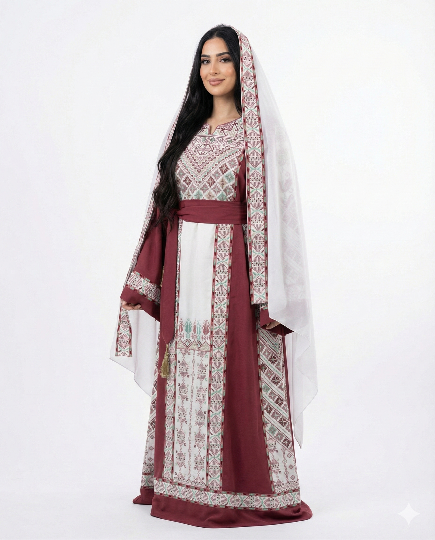 Luxury Pink & White Palestinian Thobe Set with Embroidered Shawl & Belt