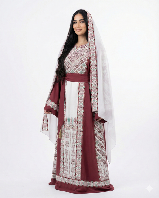 Luxury Pink & White Palestinian Thobe Set with Embroidered Shawl & Belt