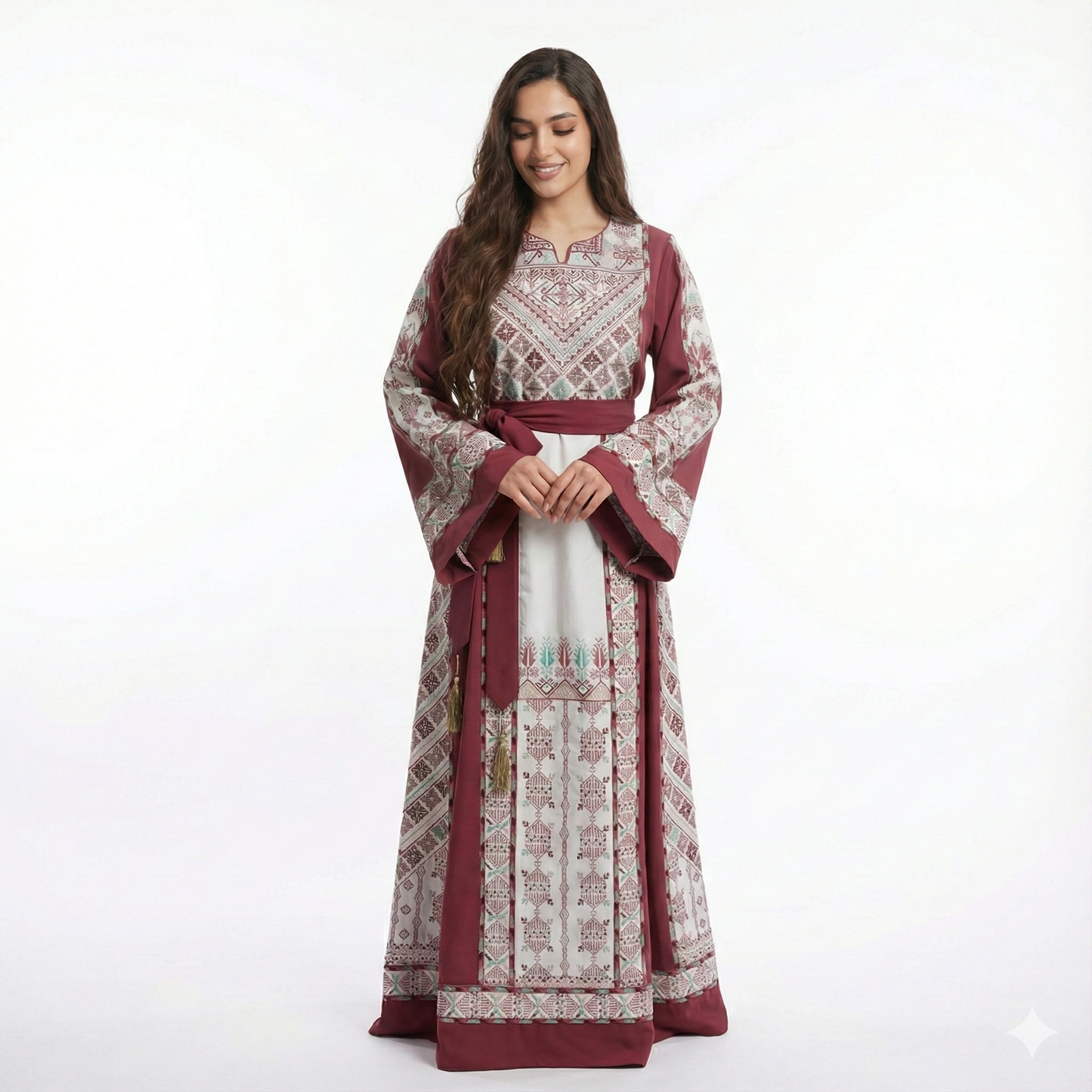 Luxury Pink & White Palestinian Thobe Set with Embroidered Shawl & Belt