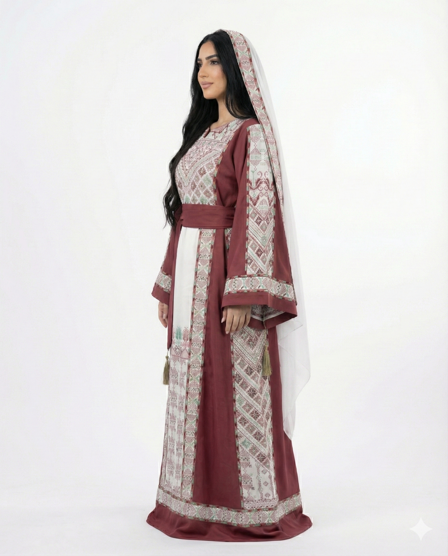 Luxury Pink & White Palestinian Thobe Set with Embroidered Shawl & Belt