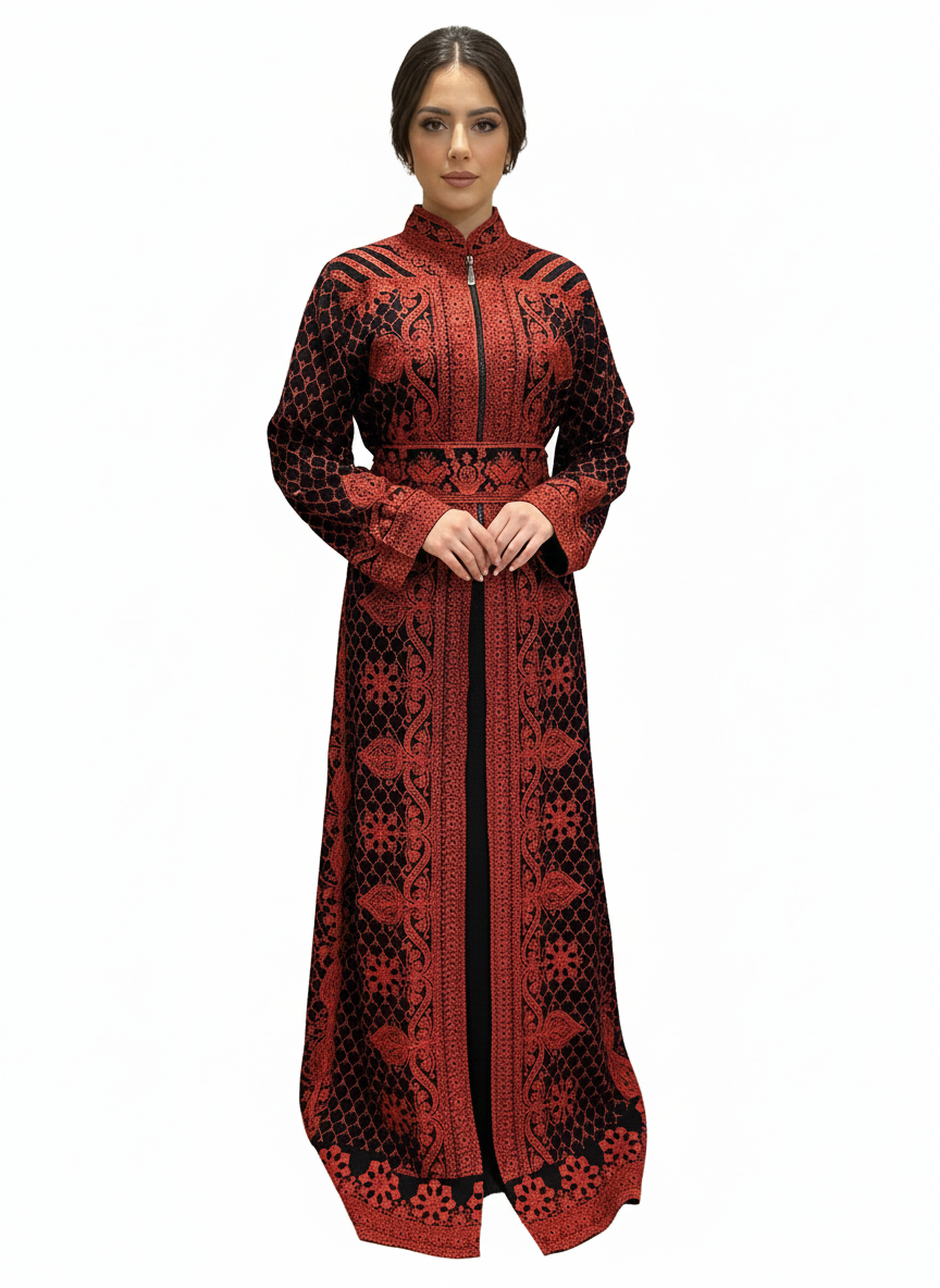 Traditional Agbani Style Embroidered two-piece Abaya with Belt and Upper Zipper (Black and Red)