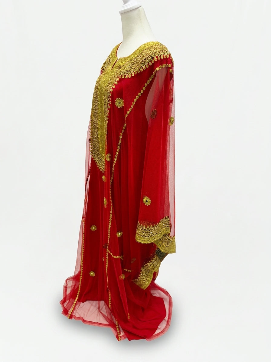Red Hashimi (Nashel) Traditional Dress Tulle with Gold Embroidery