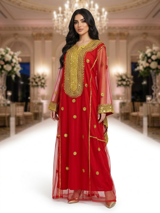 Red Hashimi (Nashel) Traditional Dress Tulle with Gold Embroidery