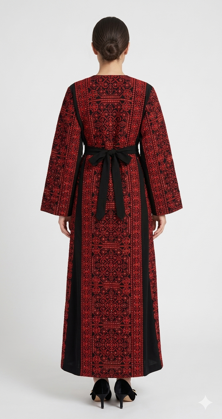 Embroidered Thobe Dress – Full Front & Back Detail with Sparkle (Red & Beige)