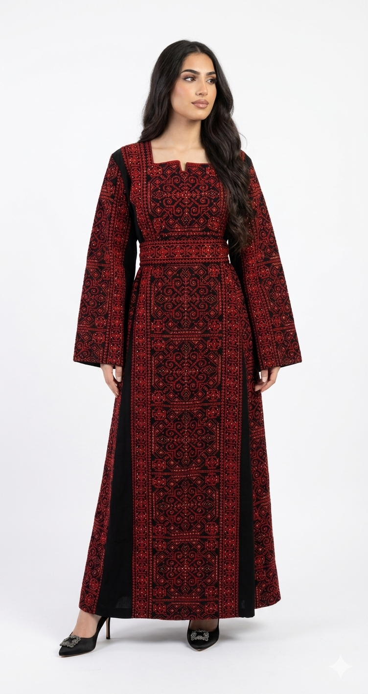 Embroidered Thobe Dress – Full Front & Back Detail with Sparkle (Red & Beige)