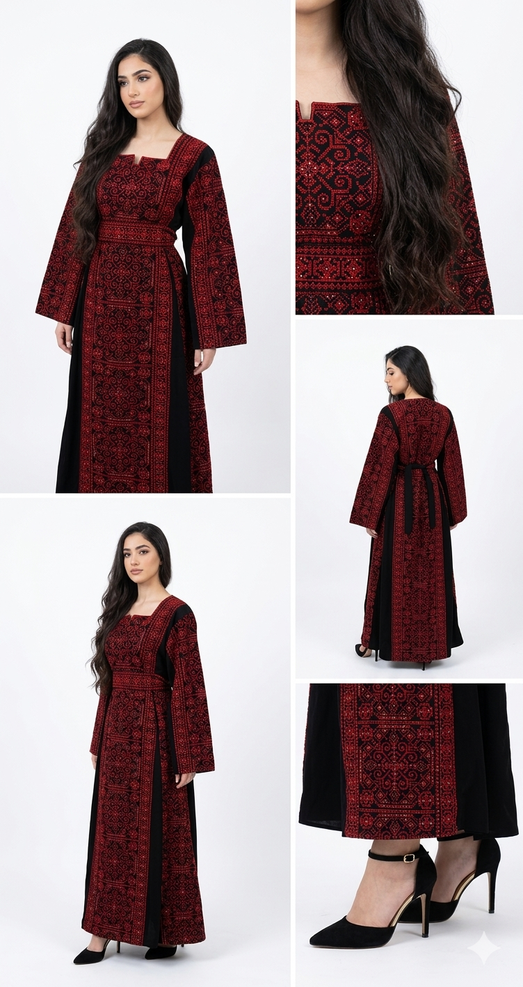 Embroidered Thobe Dress – Full Front & Back Detail with Sparkle (Red & Beige)