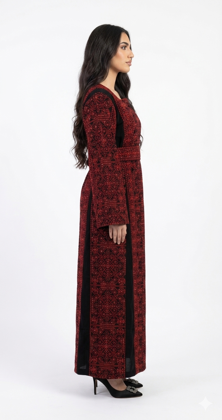 Embroidered Thobe Dress – Full Front & Back Detail with Sparkle (Red & Beige)