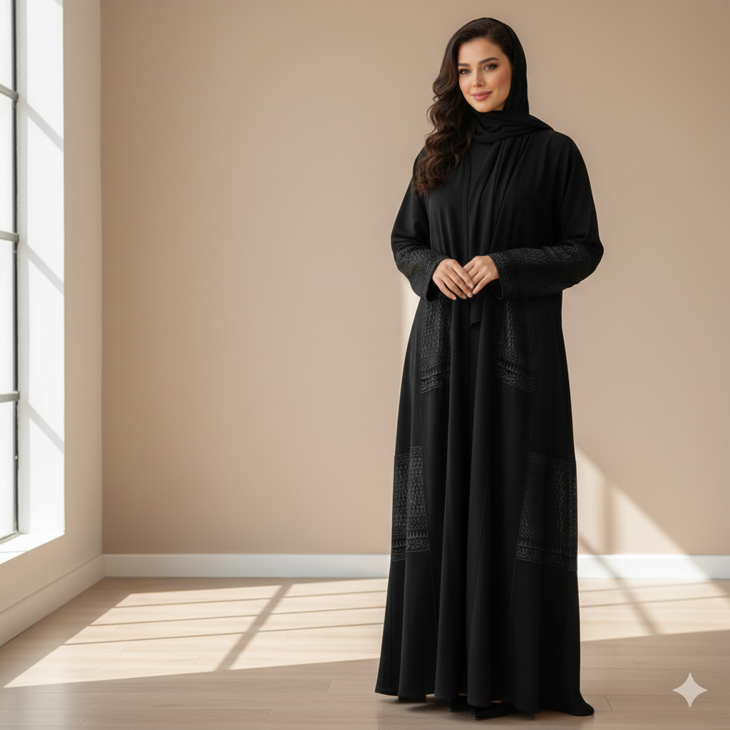Saudi Open Abaya with Matching Scarf – Black Women’s Abaya with Elegant Black Embroidery