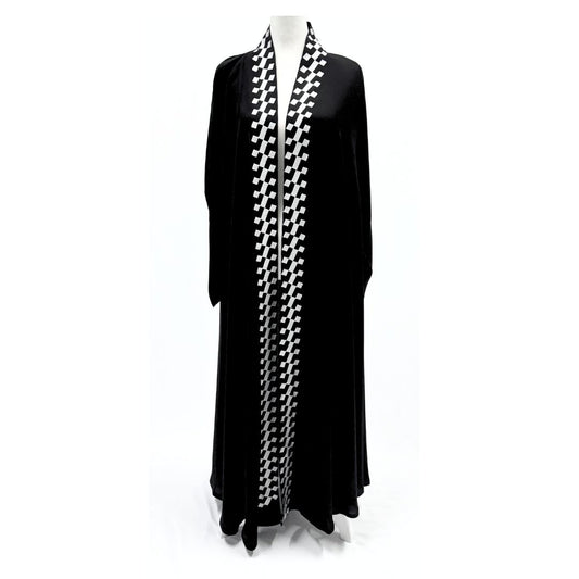 Black Abaya with White Embroidery - Saudi Open Style Abaya for Women