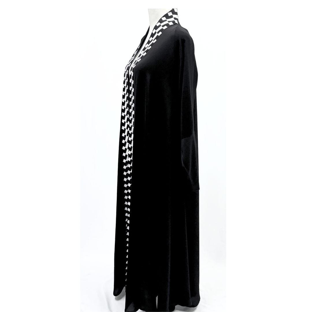 Black Abaya with White Embroidery - Saudi Open Style Abaya for Women