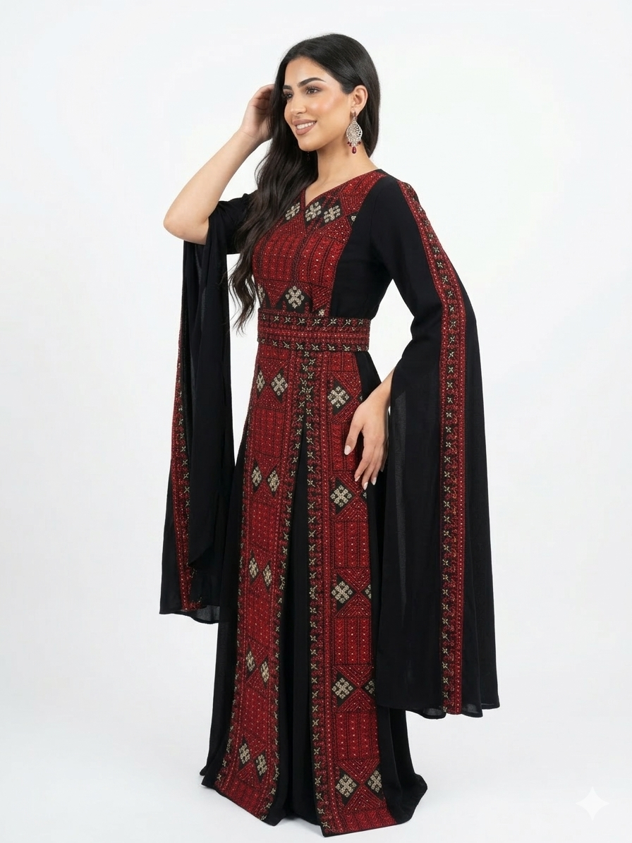 Elegant Black Maxi Dress with Red Embroidery – Batwing Sleeve Dress