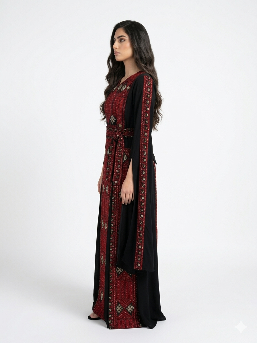 Elegant Black Maxi Dress with Red Embroidery – Batwing Sleeve Dress
