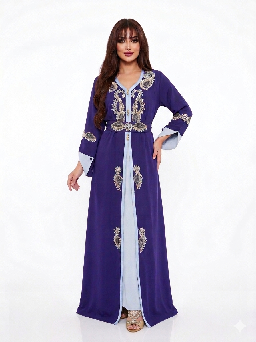 Luxury Takshita Kaftan Dress with Crystal Embellishments & Belt – Red/Beige & Purple/Blue