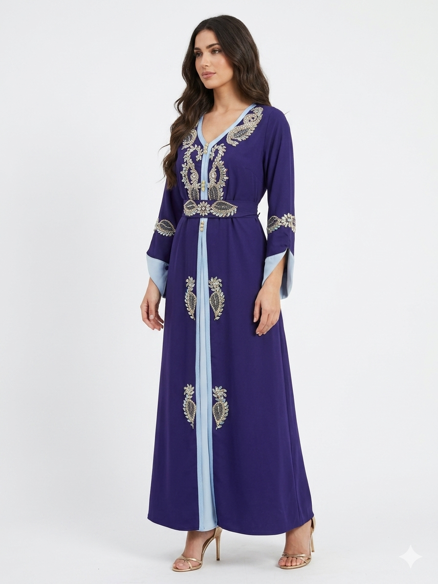 Luxury Takshita Kaftan Dress with Crystal Embellishments & Belt – Red/Beige & Purple/Blue