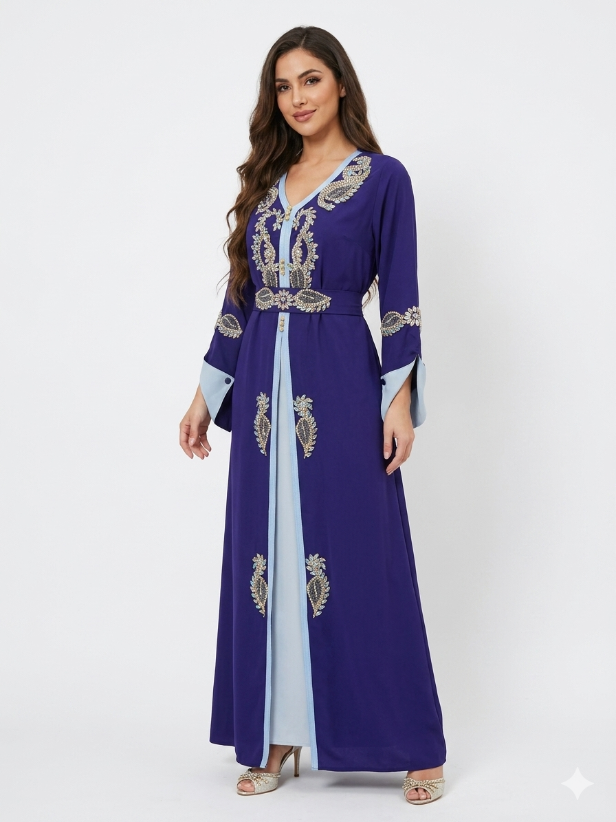 Luxury Takshita Kaftan Dress with Crystal Embellishments & Belt – Red/Beige & Purple/Blue