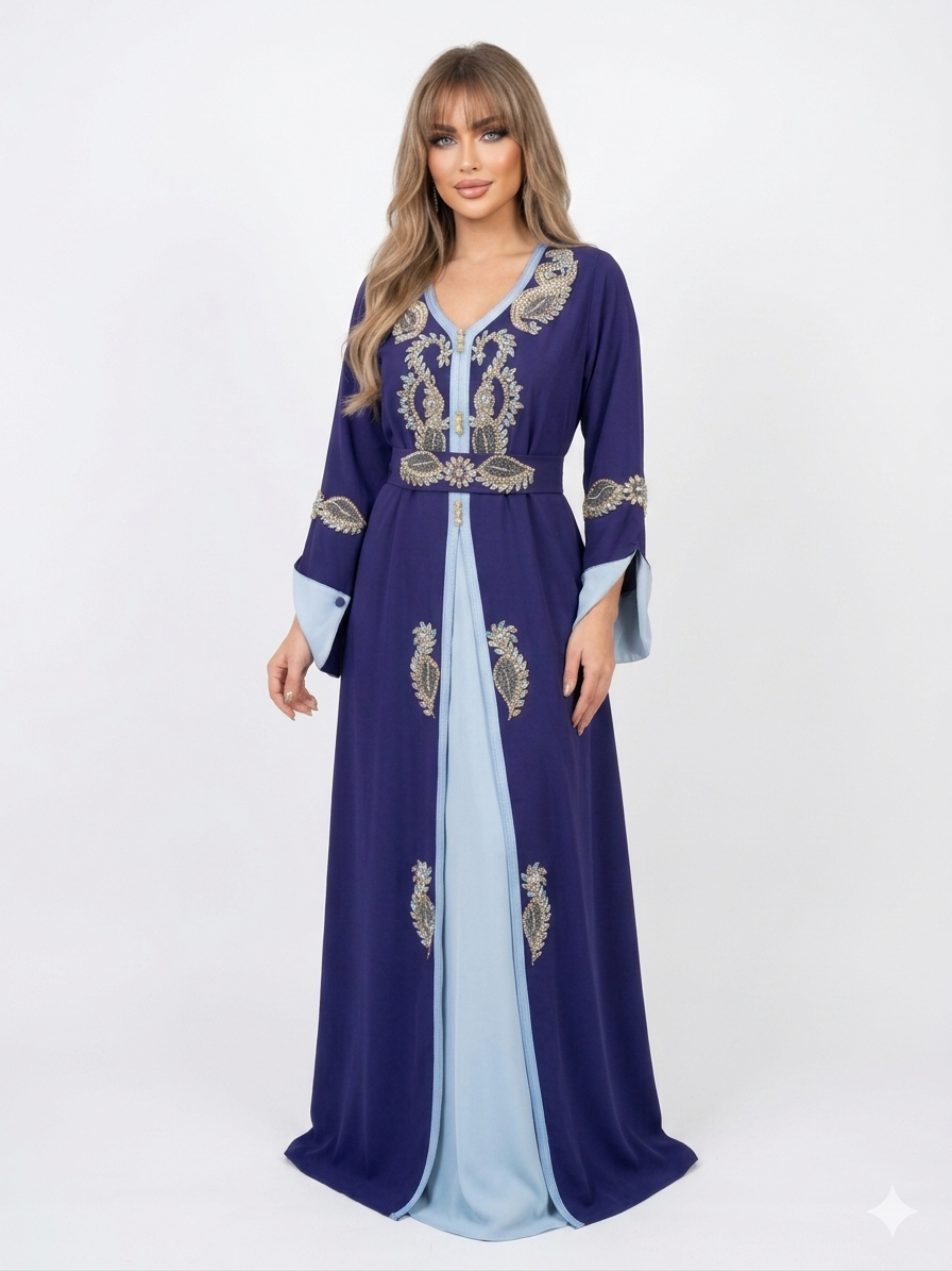 Luxury Takshita Kaftan Dress with Crystal Embellishments & Belt – Red/Beige & Purple/Blue