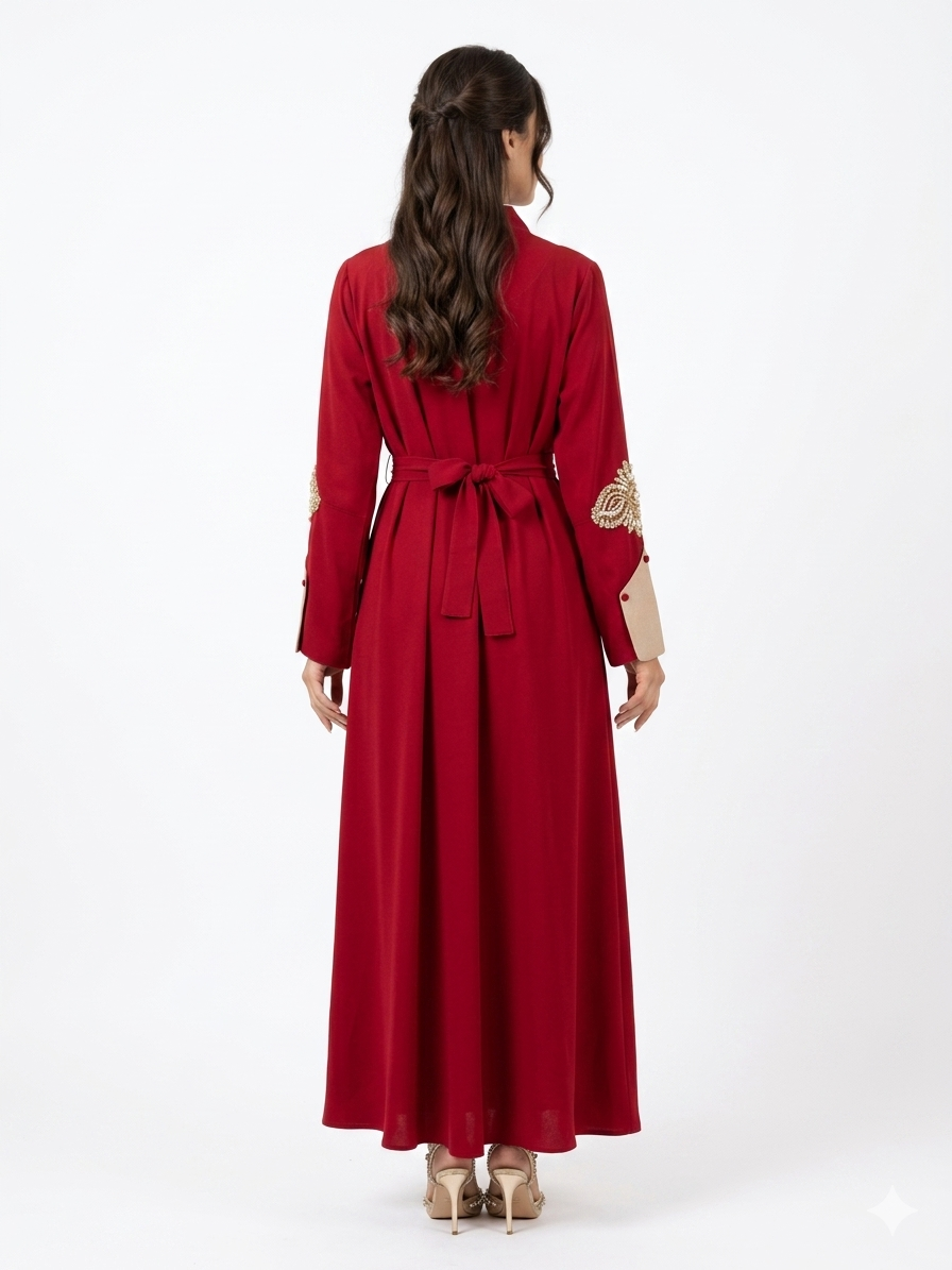 Luxury Takshita Kaftan Dress with Crystal Embellishments & Belt – Red/Beige & Purple/Blue