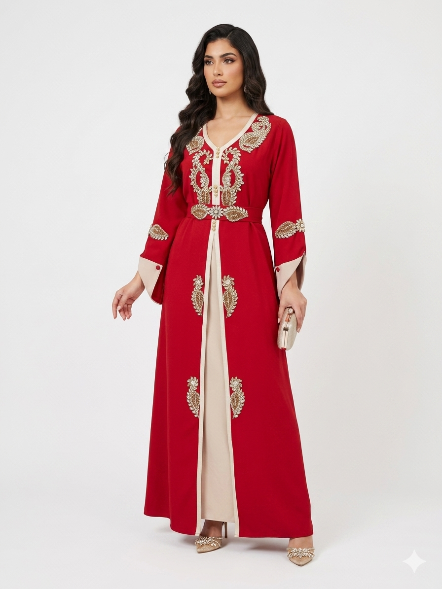 Luxury Takshita Kaftan Dress with Crystal Embellishments & Belt – Red/Beige & Purple/Blue