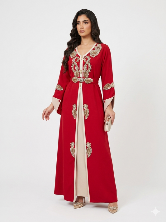 Luxury Takshita Kaftan Dress with Crystal Embellishments & Belt – Red/Beige & Purple/Blue