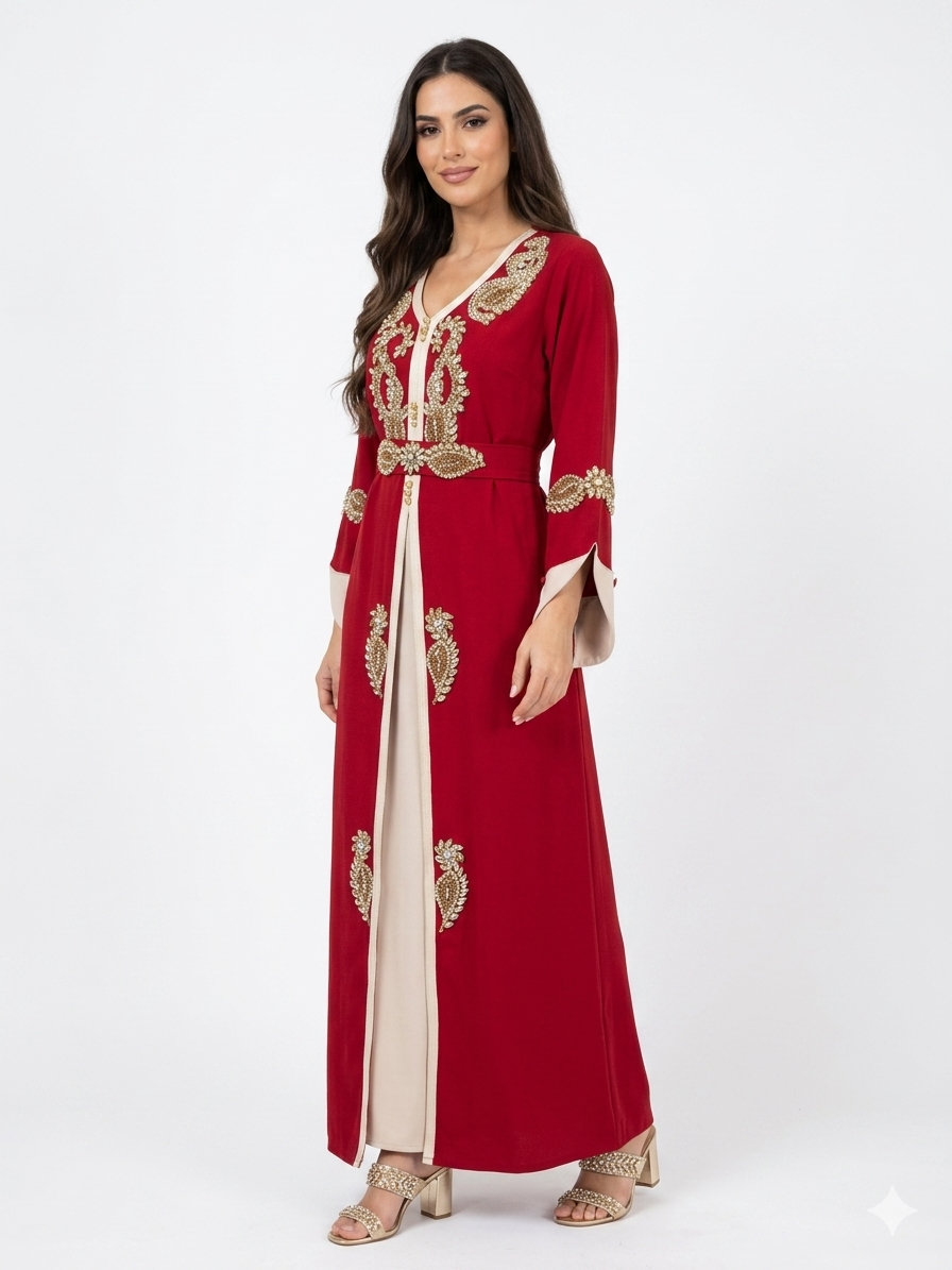 Luxury Takshita Kaftan Dress with Crystal Embellishments & Belt – Red/Beige & Purple/Blue